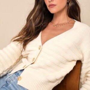 Lulus Charmingly Cuddly Cream Ribbed Balloon Sleeve Cardigan Sweater White